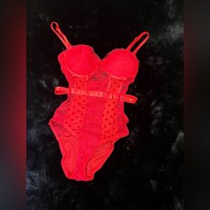 Black Fuchsia Red Lace Sheer Bodysuit Lingerie Small Strappy Corset Intimates